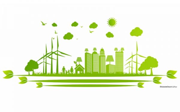 Decorative illustration in green depicting clean and green urban environment.